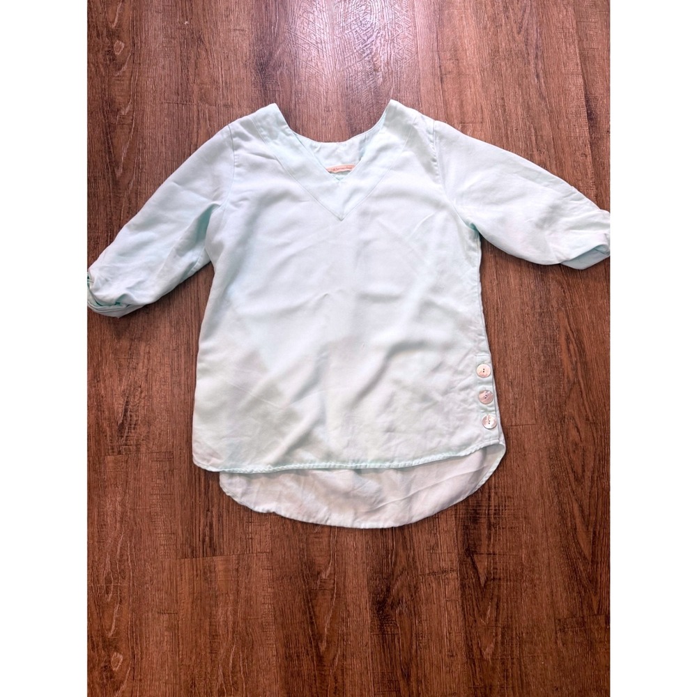 Soft Surroundings Mint Green Tencel Lyocell V-Neck Roll Tab Tunic Blouse Small